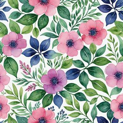 Das Bild zeigt eine Sammlung wunderschöner Aquarellmuster, die eine Vielzahl von Blumen- und botanischen Elementen enthalten. Zarte Blumen in Rosa, Lila und Blau sind mit üppigen grünen Blättern und Ranken verflochten. Die Muster sind nahtlos angeordnet, mit weichen und fließenden Pinselstrichen, die eine harmonische und elegante Ästhetik schaffen. Die Aquarelltexturen verleihen den Mustern eine verträumte, ätherische Qualität und machen sie visuell ansprechend und künstlerisch fesselnd.