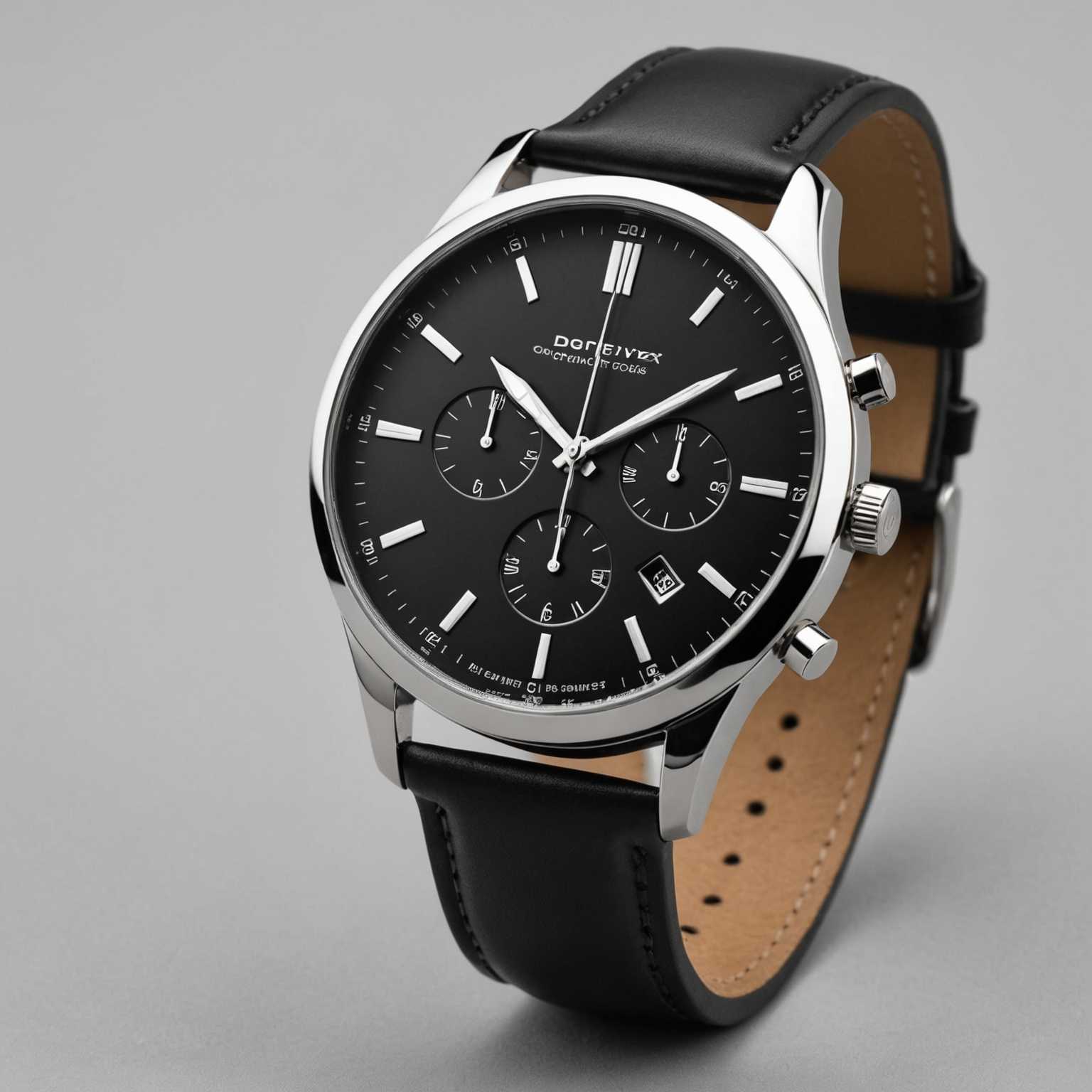 Eine elegante, moderne Armbanduhr wird vor einem schlichten, hellgrauen Hintergrund präsentiert. Die Uhr hat ein poliertes Edelstahlgehäuse, ein schwarzes Lederband und ein analoges Zifferblatt mit minimalistischem Stundenmarkierungen. Die Zeiger der Uhr sind elegant dünn, mit einem subtilen Glanz, der sich von den Metalloberflächen reflektiert. Die Beleuchtung ist weich und betont die Details der Uhr ohne harte Schatten. Die gesamte Komposition ist sauber und minimalistisch, wobei der Fokus vollständig auf dem Design und der Handwerkskunst der Armbanduhr liegt.
