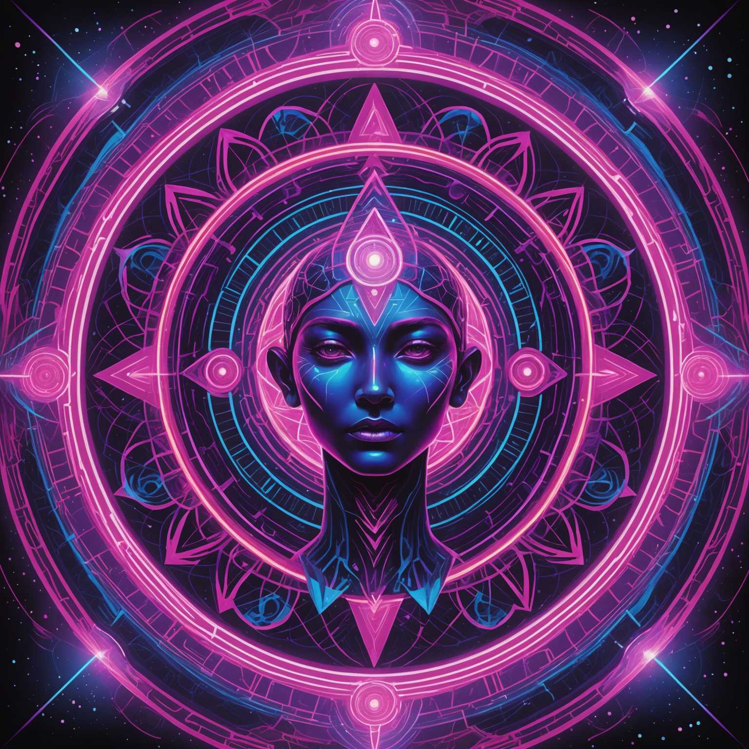 Das Bild zeigt ein lebhaftes Neon-Design, passend zum Synthwave- und psychedelischen Stil. Im Mittelpunkt befindet sich eine faszinierende kosmische Szene mit einer Vielzahl von wirbelnden, komplizierten Mustern in lebhaften Pink-, Blau- und Lilatönen. Im Zentrum steht eine rätselhafte Figur, möglicherweise eine futuristische, geometrische menschliche Form oder ein abstraktes Wesen, das hell leuchtet und von strahlenden, symmetrischen Mustern umgeben ist. Helle Neonlinien und -formen, darunter Dreiecke und konzentrische Kreise, strahlen nach außen wie pulsierende Energiewellen und erzeugen einen dynamischen, psychedelischen visuellen Effekt. Der Hintergrund ist ein tiefer, sternenübersäter Raum mit funkelnden Lichtpunkten, die sich nahtlos mit den intensiven, farbenfrohen Mustern im Vordergrund verbinden.