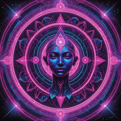 Das Bild zeigt ein lebhaftes Neon-Design, passend zum Synthwave- und psychedelischen Stil. Im Mittelpunkt befindet sich eine faszinierende kosmische Szene mit einer Vielzahl von wirbelnden, komplizierten Mustern in lebhaften Pink-, Blau- und Lilatönen. Im Zentrum steht eine rätselhafte Figur, möglicherweise eine futuristische, geometrische menschliche Form oder ein abstraktes Wesen, das hell leuchtet und von strahlenden, symmetrischen Mustern umgeben ist. Helle Neonlinien und -formen, darunter Dreiecke und konzentrische Kreise, strahlen nach außen wie pulsierende Energiewellen und erzeugen einen dynamischen, psychedelischen visuellen Effekt. Der Hintergrund ist ein tiefer, sternenübersäter Raum mit funkelnden Lichtpunkten, die sich nahtlos mit den intensiven, farbenfrohen Mustern im Vordergrund verbinden.