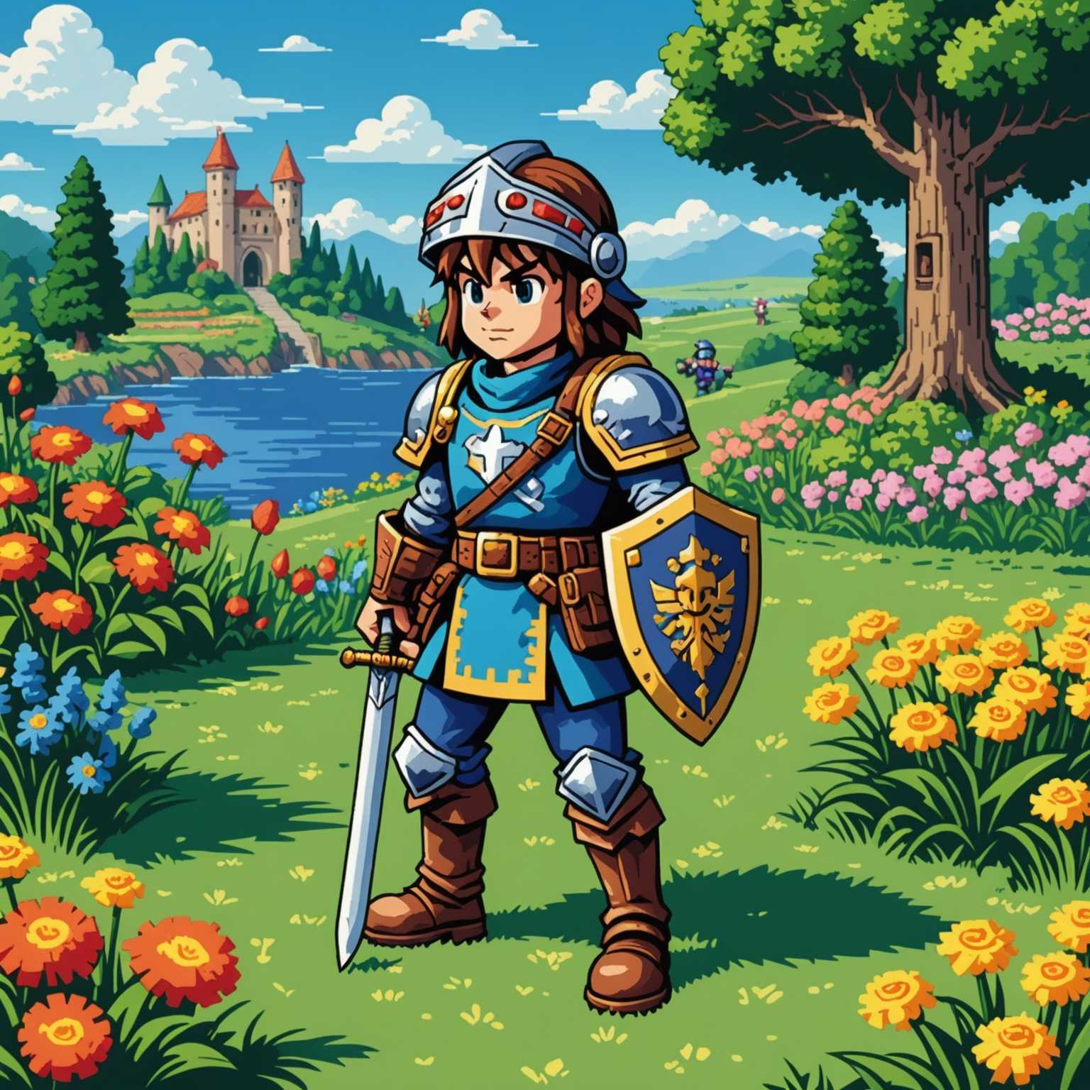 Das Bild zeigt eine klassische 1990er Jahre Videospielszene in 16-Bit-Pixelkunst. Im Vordergrund gibt es einen pixeligen Heldencharakter mit Schwert und Schild, der nach rechts zeigt. Der Charakter hat ein detailliertes Outfit, einschließlich einer bunten Tunika, Stiefeln und möglicherweise einem Helm oder Stirnband. Der Hintergrund zeigt eine lebendige, pixelige Landschaft: ein grünes Grasfeld mit kleinen Blumen und Büschen, einen hellblauen Himmel mit verstreuten, flauschigen Wolken, sowie pixelige Bäume mit dicken Stämmen und vollen, belaubten Kronen für die Tiefe. Zusätzliche Elemente sind Münzsymbole, Gesundheitsbalken und andere typische HUD-Elemente an den oberen Ecken des Bildschirms. Die Farbpalette ist hell und bunt und betont die retro-nostalgische Atmosphäre der 16-Bit-Videospielgrafiken.