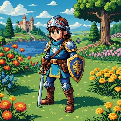 Das Bild zeigt eine klassische 1990er Jahre Videospielszene in 16-Bit-Pixelkunst. Im Vordergrund gibt es einen pixeligen Heldencharakter mit Schwert und Schild, der nach rechts zeigt. Der Charakter hat ein detailliertes Outfit, einschließlich einer bunten Tunika, Stiefeln und möglicherweise einem Helm oder Stirnband. Der Hintergrund zeigt eine lebendige, pixelige Landschaft: ein grünes Grasfeld mit kleinen Blumen und Büschen, einen hellblauen Himmel mit verstreuten, flauschigen Wolken, sowie pixelige Bäume mit dicken Stämmen und vollen, belaubten Kronen für die Tiefe. Zusätzliche Elemente sind Münzsymbole, Gesundheitsbalken und andere typische HUD-Elemente an den oberen Ecken des Bildschirms. Die Farbpalette ist hell und bunt und betont die retro-nostalgische Atmosphäre der 16-Bit-Videospielgrafiken.