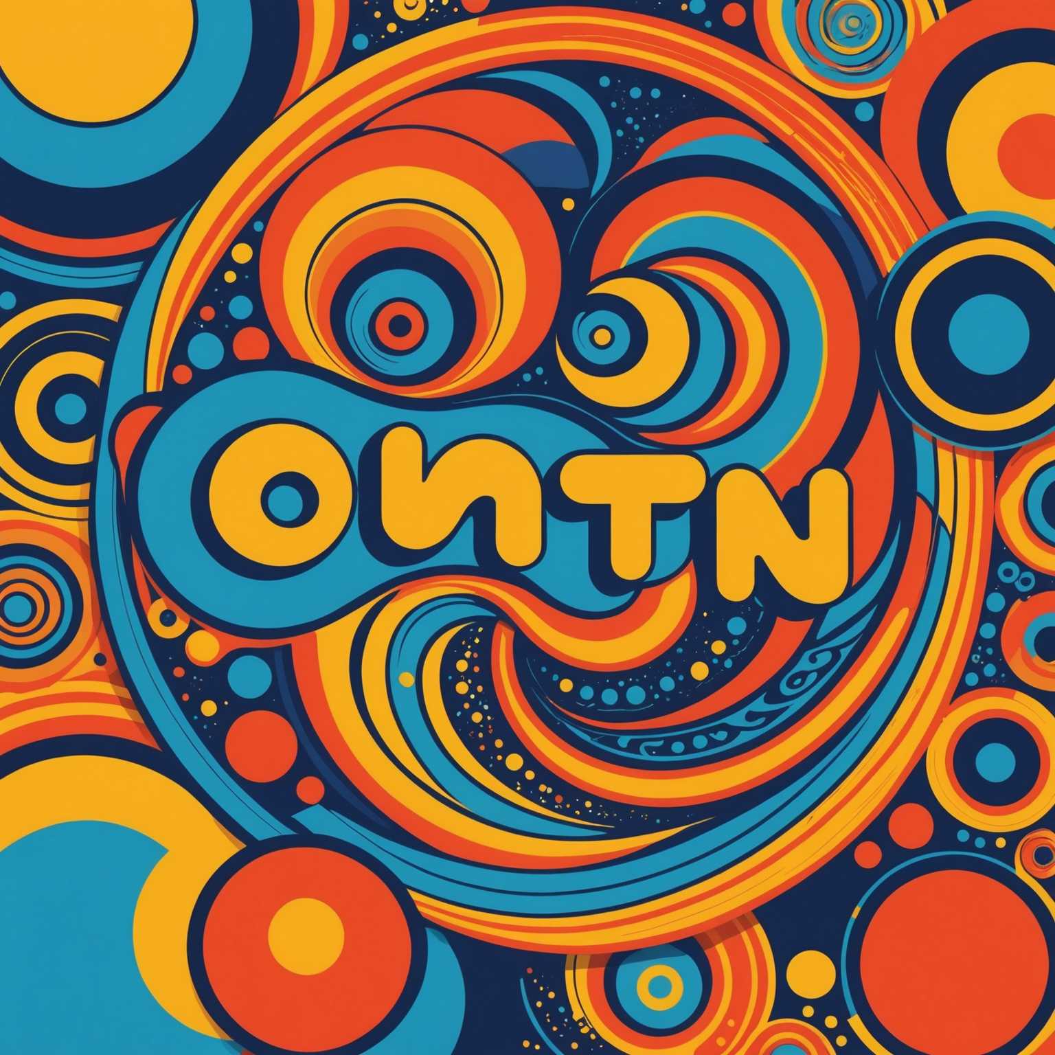 Dieses Bild zeigt eine lebendige, retro-inspirierte Poster-Illustration mit kühnen, wirbelnden Mustern und grooviger Typografie aus den 1960er und 1970er Jahren. Helle, kontrastreiche Farben wie Orangen, Gelb, Rot und Blau dominieren das Design und schaffen eine psychedelische Atmosphäre. Der Illustrationsstil ist verspielt mit fließenden Linien und abstrakten Formen. Der Gesamteindruck ist nostalgisch, erinnert an klassische Vintage-Konzertplakate mit einem Hauch von Modernität in der sauberen Ausführung. Es gibt keine Bilder von Menschen, Tieren oder bestimmten Objekten, nur eine abstrakte Zusammenstellung von Farben und Formen, die ein Gefühl von Bewegung und Energie hervorrufen.