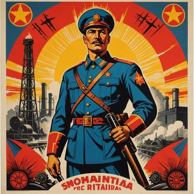 Das Bild zeigt ein Retro-Sowjetisches Propaganda-Poster aus den 1940er Jahren. Es umfasst kräftige, leuchtende Farben und stilisierte Illustrationen. Zentral im Poster steht eine heldenhafte Figur, möglicherweise ein Soldat oder Arbeiter, der entschlossen in die Ferne blickt. Umgeben ist diese Figur von Symbolen des industriellen Fortschritts, wie Fabriken, Schornsteinen und Zahnrädern. Im Hintergrund ist eine aufgehende Sonne zu sehen, die eine helle Zukunft und den Vorwärtsmarsch des Fortschritts symbolisiert. Insgesamt ist die Ästhetik sowohl nostalgisch als auch idealisiert und zeigt Themen wie Stärke, Einheit und Optimismus.