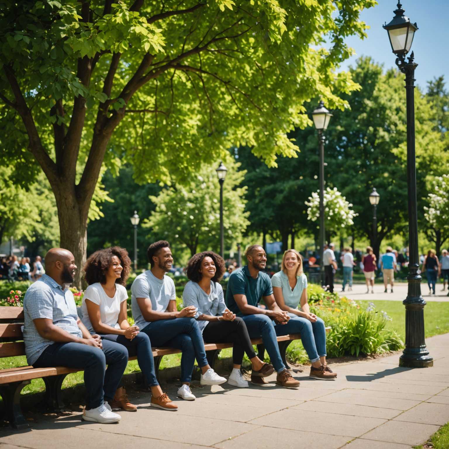 Eine Gruppe vielfältiger Menschen sitzt und steht lässig in einem städtischen Park an einem sonnigen Tag. Sie scheinen ihre Zeit zu genießen, sich zu unterhalten und zu lächeln. Einige sitzen auf Bänken, während andere stehen oder sich an Laternenpfähle lehnen. Im Hintergrund gibt es üppiges Grün mit Bäumen und einigen Blumenbeeten. Der Himmel ist blau mit ein paar verstreuten Wolken. Die Menschen tragen legere, alltägliche Kleidung, darunter Jeans, T-Shirts und leichte Jacken. Die Stimmung wirkt entspannt und fröhlich.