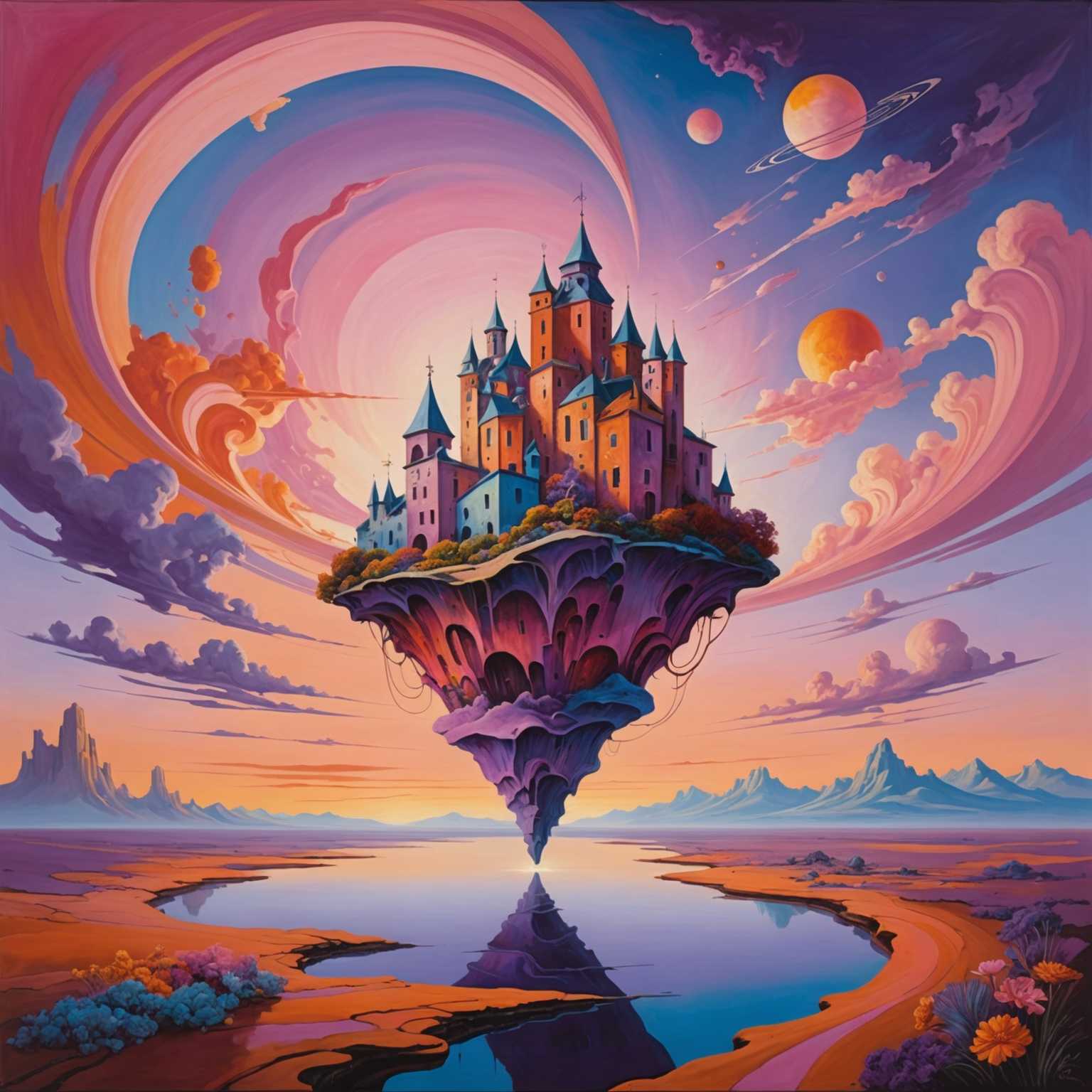 In dem Gemälde mit dem Titel "Seltsame surreale Collagen" sehe ich eine traumhafte Landschaft, gefüllt mit skurrilen und anderen weltlichen Elementen. Der Himmel ist ein Mix aus lebhaften, wirbelnden Farben, vielleicht erinnernd an einen Sonnenuntergang oder -aufgang, mit Rosa-, Lila- und Orangetönen, die den Hintergrund dominieren. Im Vordergrund gibt es ein einziges surreal schwebendes Architekturfragment. Der Stil des Gemäldes hat eine surreale, fast Dali-eske Qualität, die Realismus mit dem Bizarren und Fantastischen auf eine faszinierende und nachdenklich stimmende Weise verbindet.