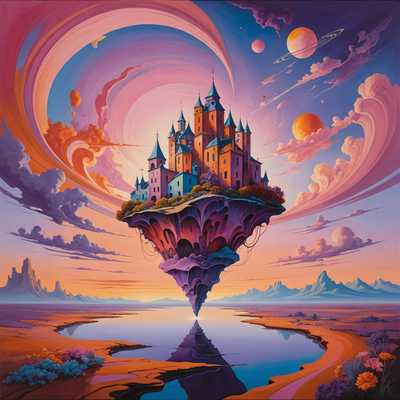 In dem Gemälde mit dem Titel "Seltsame surreale Collagen" sehe ich eine traumhafte Landschaft, gefüllt mit skurrilen und anderen weltlichen Elementen. Der Himmel ist ein Mix aus lebhaften, wirbelnden Farben, vielleicht erinnernd an einen Sonnenuntergang oder -aufgang, mit Rosa-, Lila- und Orangetönen, die den Hintergrund dominieren. Im Vordergrund gibt es ein einziges surreal schwebendes Architekturfragment. Der Stil des Gemäldes hat eine surreale, fast Dali-eske Qualität, die Realismus mit dem Bizarren und Fantastischen auf eine faszinierende und nachdenklich stimmende Weise verbindet.