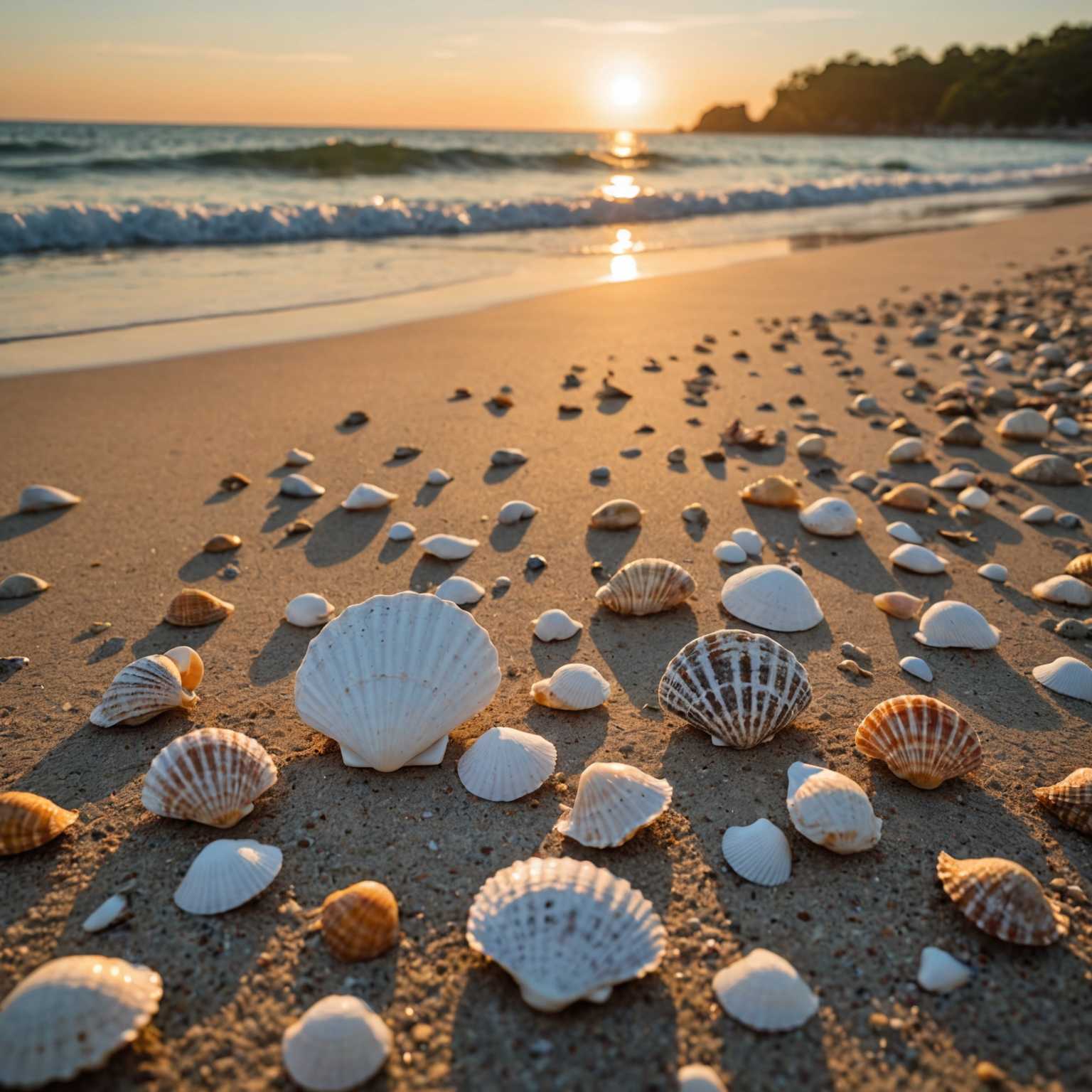 Das Bild zeigt einen malerischen Strand bei Sonnenuntergang und links ein paar verstreute Muscheln, die dem Bild einen Hauch von Detail und Charme verleihen.