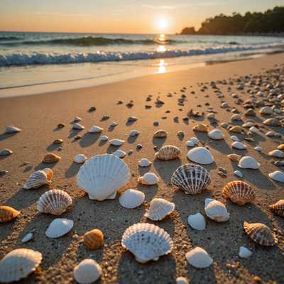 Das Bild zeigt einen malerischen Strand bei Sonnenuntergang und links ein paar verstreute Muscheln, die dem Bild einen Hauch von Detail und Charme verleihen.