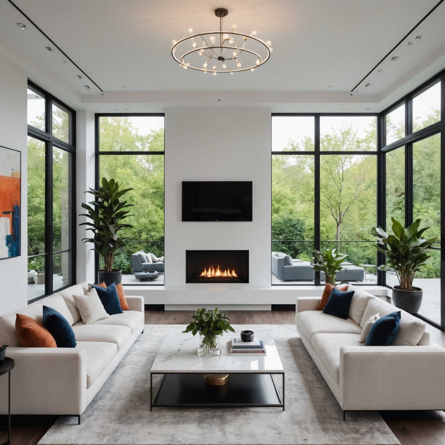 Das Bild zeigt ein geräumiges Wohnzimmer mit einem modernen, eleganten Design. Große bodentiefe Fenster lassen reichlich Tageslicht herein. Die Wände sind in einer weichen, neutralen Farbe gestrichen. Ein weiches, weißes Ecksofa steht im Zentrum, dekoriert mit stilvollen Kissen in verschiedenen Grautönen und Blau. Ein eleganter, niedriger Couchtisch aus Glas und Holz steht vor dem Sofa und trägt eine Vase mit frischen Blumen und einige Kunstbücher. Der Boden ist mit einem großen, strukturierten Teppich in gedämpftem Ton bedeckt, der das Gesamtbild ergänzt. An einer Seite steht ein minimalistisches Bücherregal mit einer Sammlung von Büchern und Dekorationsgegenständen. Eine moderne Stehlampe mit geometrischem Design steht neben dem Regal. Gegenüber den Fenstern sorgt ein zeitgenössischer Kamin mit klarer, linearer Gestaltung für Wärme und Atmosphäre. Über dem Kamin hängt ein großes, abstraktes Kunstwerk, das die Farbgestaltung des Raumes zusammenführt. Die Decke ist mit Einbaubeleuchtung ausgestattet, die einen sanften Glanz in den Raum bringt, während ein stilvoller Kronleuchter über dem Sitzbereich hängt und einen Hauch von Eleganz verleiht. Strategisch platzierte Zimmerpflanzen in schicken Töpfen fügen dem Raum ein frisches, lebendiges Element hinzu. Die Atmosphäre des Raumes ist einladend und ruhig, mit einer perfekten Balance aus Stil und Komfort.