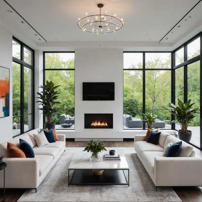 Das Bild zeigt ein geräumiges Wohnzimmer mit einem modernen, eleganten Design. Große bodentiefe Fenster lassen reichlich Tageslicht herein. Die Wände sind in einer weichen, neutralen Farbe gestrichen. Ein weiches, weißes Ecksofa steht im Zentrum, dekoriert mit stilvollen Kissen in verschiedenen Grautönen und Blau. Ein eleganter, niedriger Couchtisch aus Glas und Holz steht vor dem Sofa und trägt eine Vase mit frischen Blumen und einige Kunstbücher. Der Boden ist mit einem großen, strukturierten Teppich in gedämpftem Ton bedeckt, der das Gesamtbild ergänzt. An einer Seite steht ein minimalistisches Bücherregal mit einer Sammlung von Büchern und Dekorationsgegenständen. Eine moderne Stehlampe mit geometrischem Design steht neben dem Regal. Gegenüber den Fenstern sorgt ein zeitgenössischer Kamin mit klarer, linearer Gestaltung für Wärme und Atmosphäre. Über dem Kamin hängt ein großes, abstraktes Kunstwerk, das die Farbgestaltung des Raumes zusammenführt. Die Decke ist mit Einbaubeleuchtung ausgestattet, die einen sanften Glanz in den Raum bringt, während ein stilvoller Kronleuchter über dem Sitzbereich hängt und einen Hauch von Eleganz verleiht. Strategisch platzierte Zimmerpflanzen in schicken Töpfen fügen dem Raum ein frisches, lebendiges Element hinzu. Die Atmosphäre des Raumes ist einladend und ruhig, mit einer perfekten Balance aus Stil und Komfort.