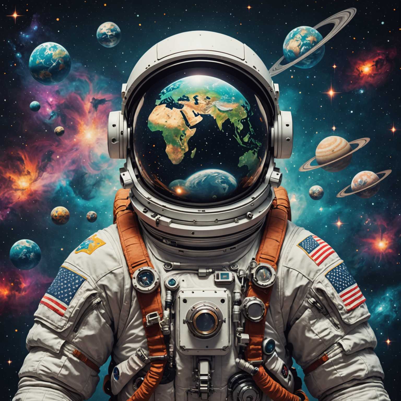 Eine surreale Collage mit einem Astronauten im Retro-Stil, der vor einem kosmischen Hintergrund mit leuchtenden Sternen und Nebeln schwebt. Der Helm des Astronauten spiegelt eine Vintage-Erde wider, während sein Anzug mit Blumenmustern und alten Weltkarten dekoriert ist. Um den Astronauten herum befinden sich eine Vielzahl von Mixed-Media-Elementen: Vintage-Postkarten, alte Zeitungsausschnitte, sepiafarbene Fotografien und skurrile Skizzen von Vögeln, Blumen und geometrischen Formen. Die gesamte Farbpalette ist eine Mischung aus nostalgischen Sepiatönen, lebendigen Neonakzenten und tiefen kosmischen Blau- und Violetttönen.
