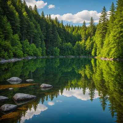 Ein hochauflösendes Foto einer ruhigen Naturkulisse mit einem stillen See, umgeben von dichtem Wald mit hohen, lebhaft grünen Bäumen, die sich im spiegelartigen Wasser spiegeln. Im Vordergrund sind kleine Felsen teilweise im Wasser untergetaucht. Im Hintergrund ist ein klarer Himmel mit weichen, weißen, flauschigen Wolken zu sehen. Die Beleuchtung ist insgesamt natürlich, mit Sonnenlicht, das einen sanften, warmen Schein über die gesamte Landschaft wirft und ein Gefühl von Frieden und Ruhe erzeugt.