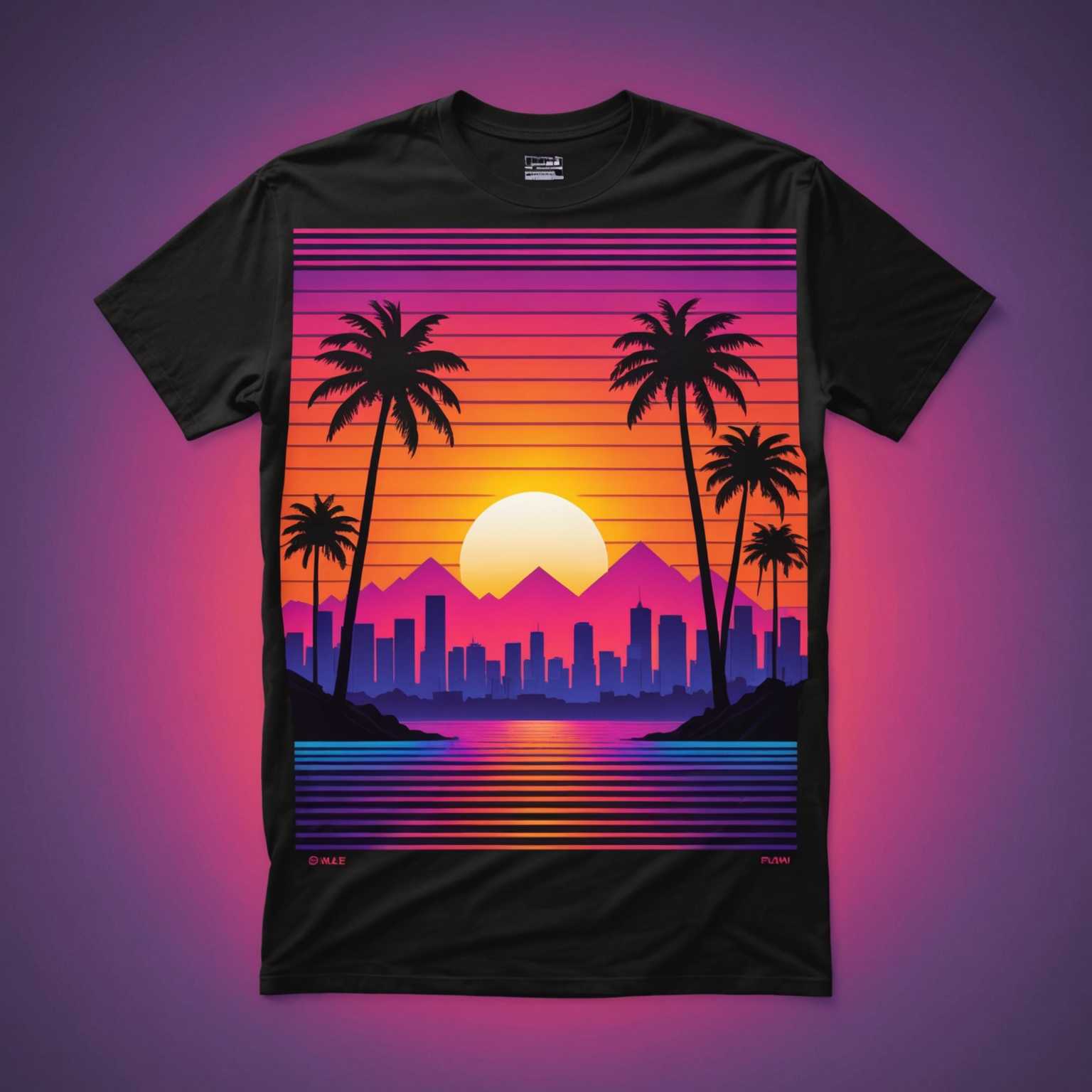 Ein lebhaftes, farbenfrohes Retro-T-Shirt-Design mit einem neonfarbenen Sonnenuntergang über einer silhouettierten Stadtszene. Der Himmel ist mit hellen Rosa-, Orange- und Lilatönen gefüllt, und die Sonne hat horizontale Linien, die an die Ästhetik der 1980er Jahre erinnern. Im Vordergrund sind Palmen zusammen mit geometrischen Formen und Gittern mustern zu sehen, die typischerweise mit Synthwave-Kunst verbunden sind. Das Design enthält leuchtende Neon-Elemente, die ihm ein futuristisches und nostalgisches Gefühl verleihen.