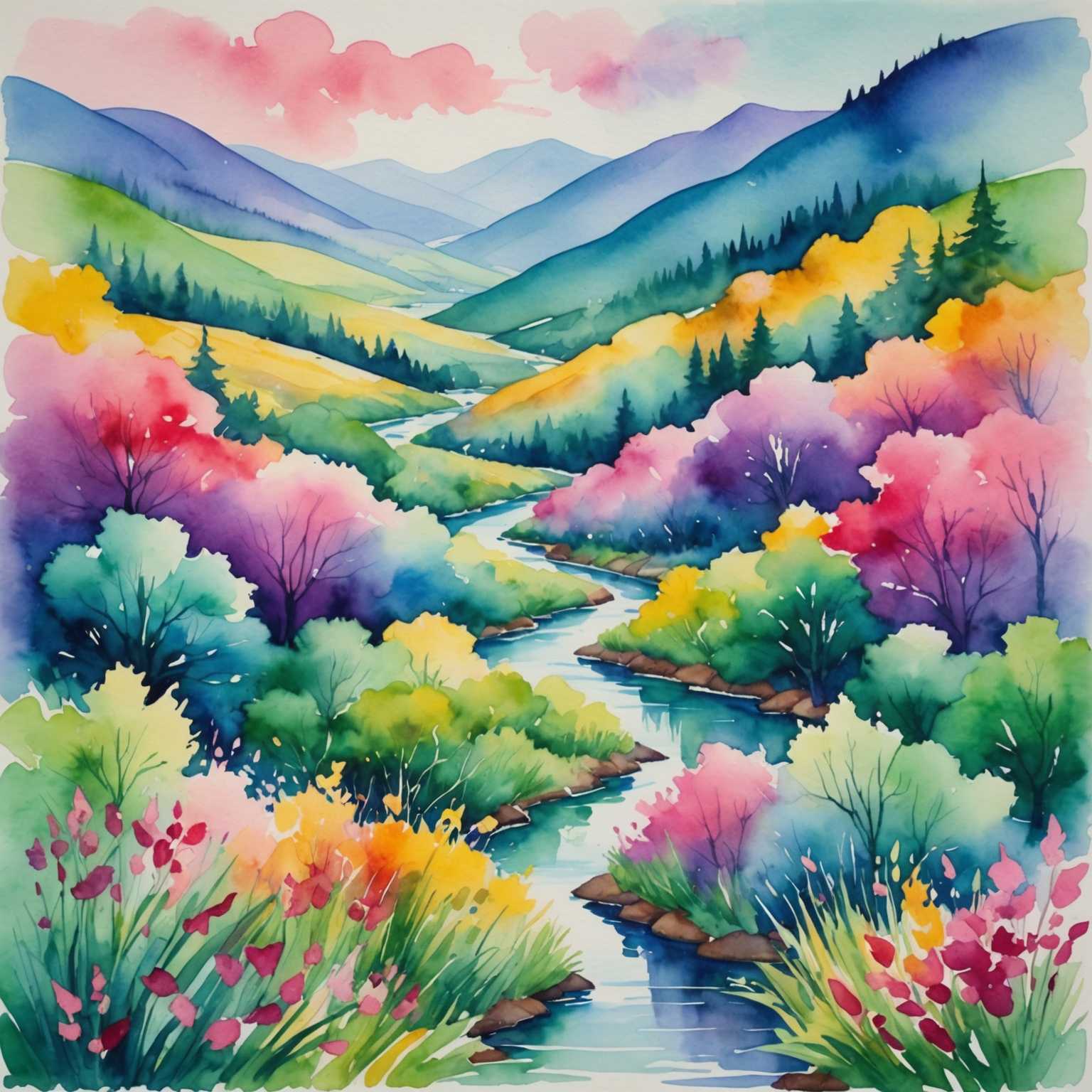Das Bild ist ein lebendiges und abstraktes Aquarellkunstwerk, das eine Reihe von lebhaften Farben zeigt, die nahtlos ineinander übergehen. Weiche, fließende Pinselstriche erzeugen eine traumhafte Landschaft, wobei Blautöne, Rosa, Lila und Grün die Szene dominieren. Einige Bereiche sind intensiver gefärbt, während andere eine leichtere, fast ätherische Qualität aufweisen. Die Texturen ahmen den natürlichen Verlauf von Aquarellfarben nach und verleihen dem Stück ein Gefühl von Tiefe und Bewegung. Es gibt keine deutlichen Objekte oder Formen, was das Gemälde wie eine ruhige und fantasievolle Erkundung von Farbe und Form wirken lässt.