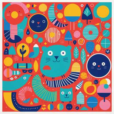 Das Bild zeigt eine Reihe von skurrilen, farbenfrohen Risograph-Illustrationen, die in einem sich wiederholenden Muster angeordnet sind. Jede Illustration ist detailreich mit exzentrischen und verspielten Elementen versehen und enthält verschiedene Formen und Charaktere, die eine lustige und künstlerische Atmosphäre vermitteln. Die Farben sind lebendig und die Linien sind klar, was zu einem lebendigen und anregenden visuellen Erlebnis führt. Der Gesamtstil ist fantasievoll und einzigartig, mit einem starken Fokus auf künstlerischen Ausdruck und Kreativität.