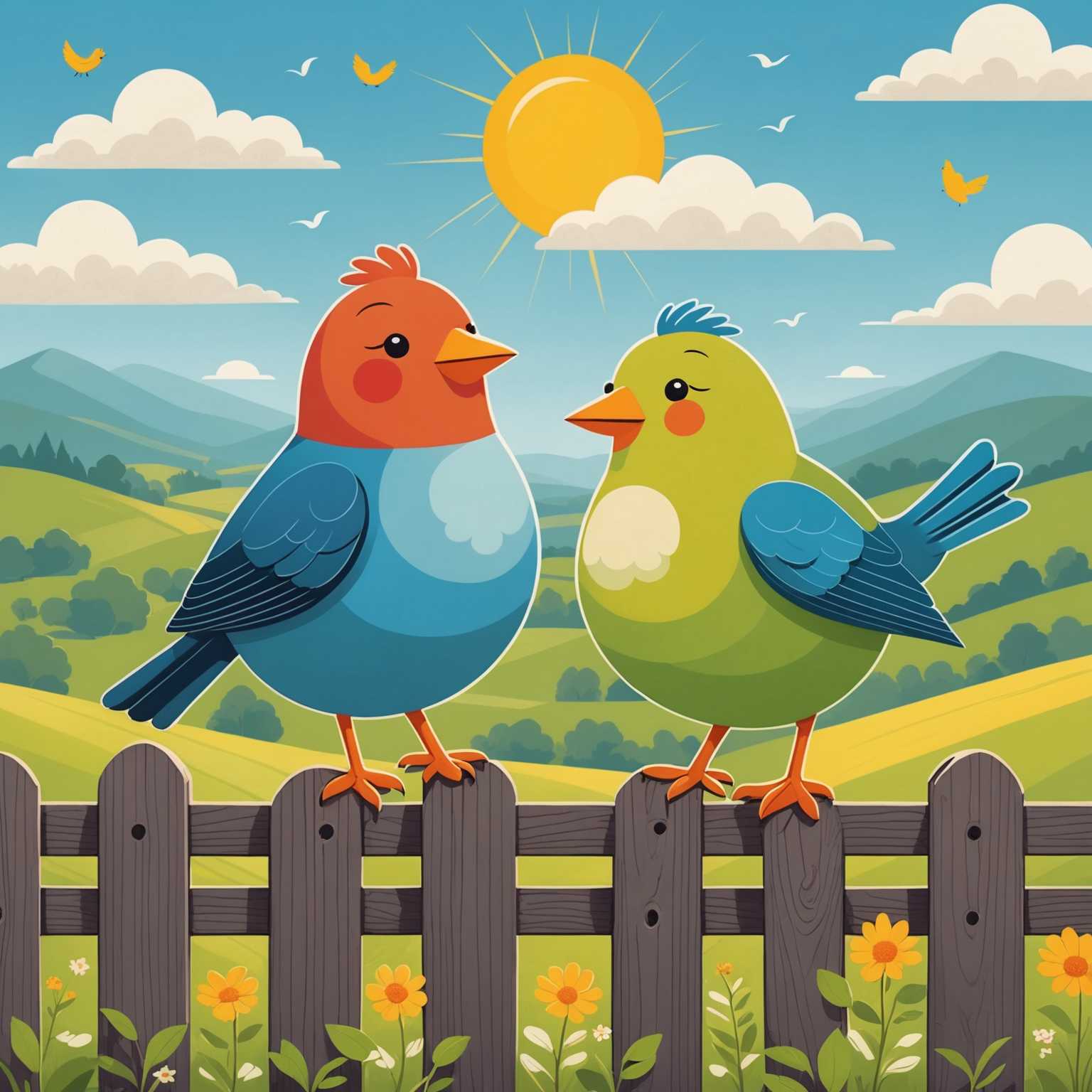 Eine verspielte Illustration zeigt ein Paar pummelige, bezaubernde Vögel, die auf einem Zaun sitzen und singen. Die Szene ist im Hintergrund von sanften Hügeln, strahlendem Sonnenschein und ein paar fluffigen Wolken am Himmel umgeben. Der Stil ist niedlich und einfach, mit klaren Linien und einer einladenden, freundlichen Atmosphäre.