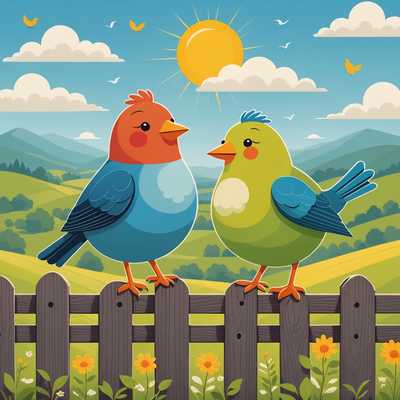Eine verspielte Illustration zeigt ein Paar pummelige, bezaubernde Vögel, die auf einem Zaun sitzen und singen. Die Szene ist im Hintergrund von sanften Hügeln, strahlendem Sonnenschein und ein paar fluffigen Wolken am Himmel umgeben. Der Stil ist niedlich und einfach, mit klaren Linien und einer einladenden, freundlichen Atmosphäre.