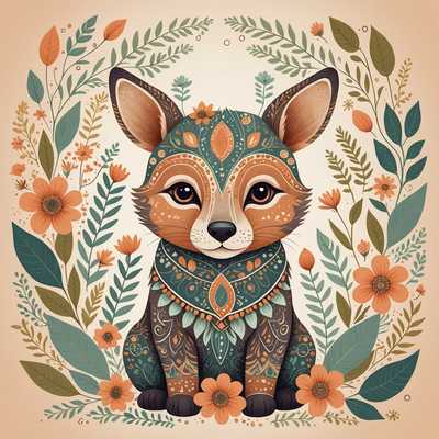 Eine skurrile Illustration eines niedlichen Tieres im Boho-Stil. Das Tier hat weiche, abgerundete Züge und warme Farben. Es ist von zarten, komplizierten Mustern und natürlichen Elementen wie Blumen, Blättern und Zweigen umgeben. Das Gesamtbild ist charmant und bezaubernd, geeignet für ein Kinderbuch. Der Hintergrund ist hell und luftig, was die verspielte und sanfte Natur der Szene betont.