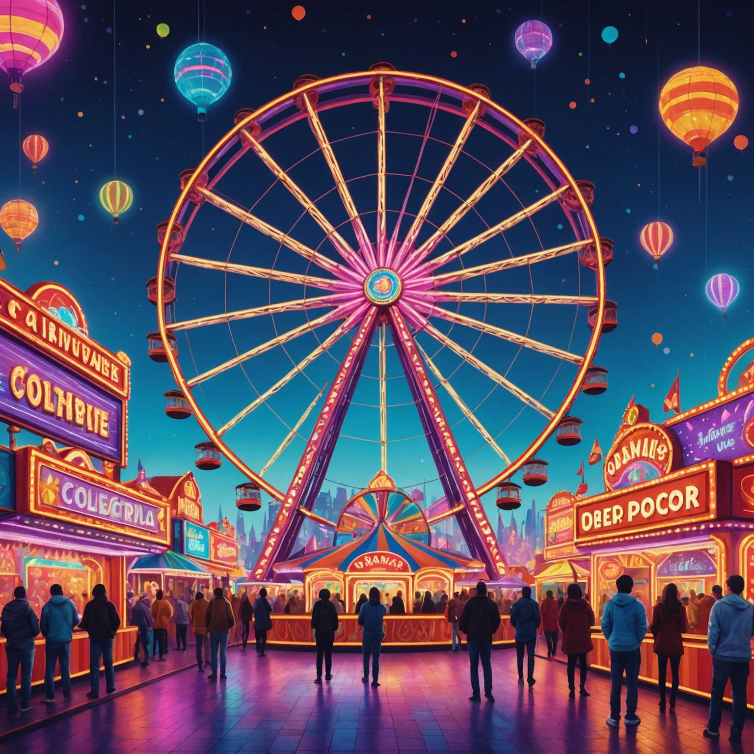 Das Bild zeigt eine farbenfrohe und skurrile Karnevalsszene mit lebendigen holografischen Farbtönen. Die Szene ist in einem 3D-Stil dargestellt und zeigt ein einzelnes Riesenrad, das mit hellen Neonlichtern und komplizierten Mustern verziert ist. Die Farben verschmelzen nahtlos miteinander und schaffen eine magische und futuristische Atmosphäre mit einem traumhaften Ambiente.