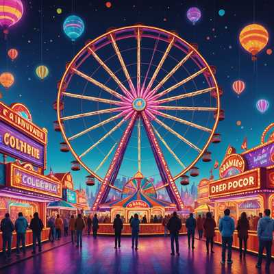 Bunte Nachtkirmes mit beleuchtetem Riesenrad