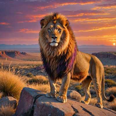 Ein majestätischer Löwe steht stolz auf einer felsigen Anhöhe, seine goldene Mähne weht im Wind. Der Hintergrund zeigt einen atemberaubenden Sonnenuntergang mit leuchtenden Orange-, Pink- und Lilatönen am Himmel. Der intensive Blick des Löwen ist nach vorne gerichtet und verkörpert Stärke und Entschlossenheit. Umgeben wird der Löwe von üppigen Savannengräsern, die sanft im Abendwind wiegen. Die gesamte Szene strahlt Macht, Widerstandsfähigkeit und Inspiration aus.
