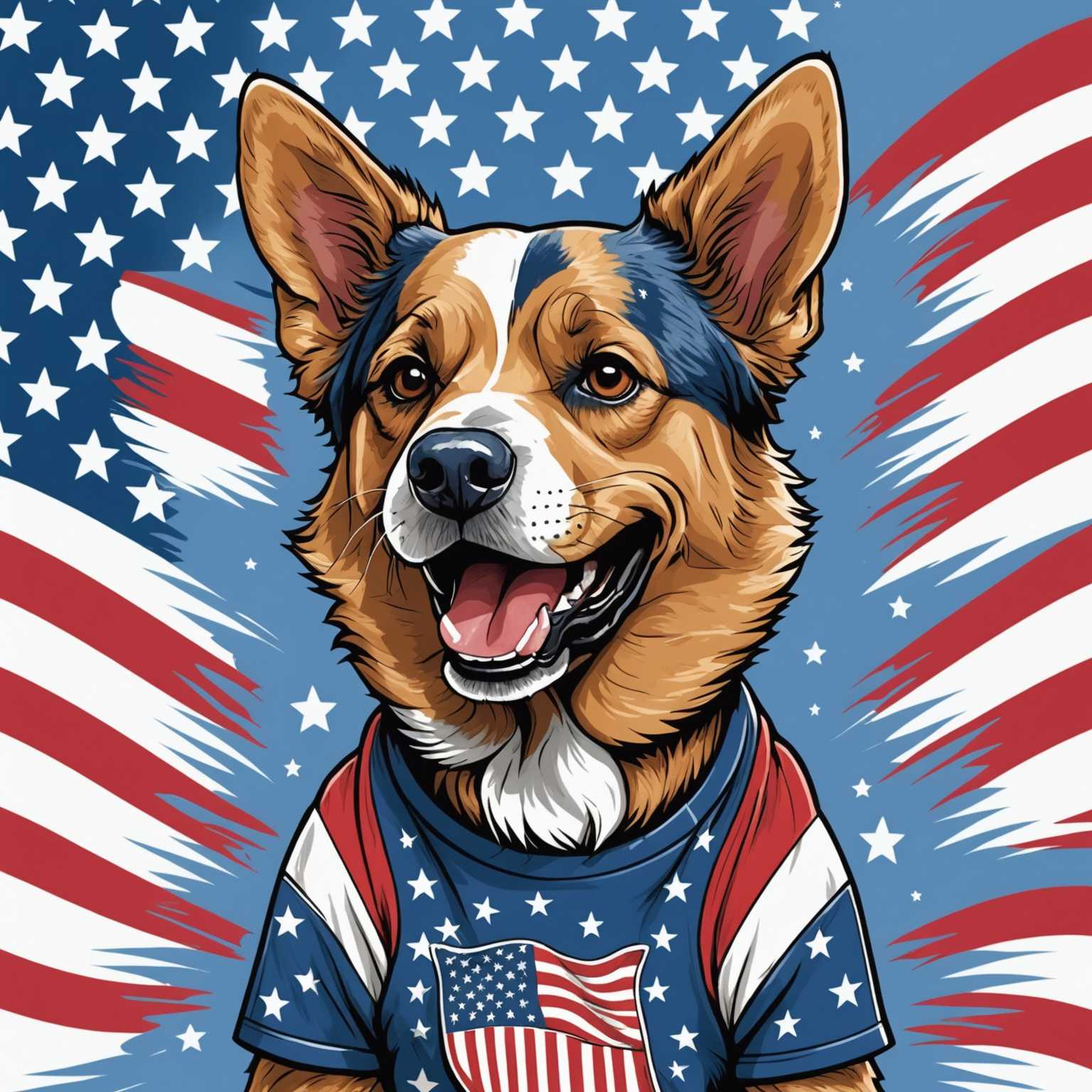 Auf dem Bild ist eine Illustration eines Hundes mit einem aufgeregten Ausdruck zu sehen. Der Hund trägt ein patriotisch gestaltetes T-Shirt, das ein amerikanisches Flaggenmotiv zeigt. Der Hintergrund ist schlicht, sodass der Hund und sein T-Shirt im Mittelpunkt stehen. Das Fell des Hundes ist detailliert und zeigt Texturen und Farbvariationen. Das T-Shirt-Design umfasst rote, weiße und blaue Farben sowie Sterne und Streifen, die die amerikanische Flagge repräsentieren. Der Illustrationsstil ist lebendig und cartoonartig, was dem Kunstwerk eine verspielte und lebhafte Note verleiht.