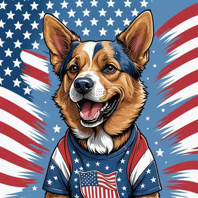 Auf dem Bild ist eine Illustration eines Hundes mit einem aufgeregten Ausdruck zu sehen. Der Hund trägt ein patriotisch gestaltetes T-Shirt, das ein amerikanisches Flaggenmotiv zeigt. Der Hintergrund ist schlicht, sodass der Hund und sein T-Shirt im Mittelpunkt stehen. Das Fell des Hundes ist detailliert und zeigt Texturen und Farbvariationen. Das T-Shirt-Design umfasst rote, weiße und blaue Farben sowie Sterne und Streifen, die die amerikanische Flagge repräsentieren. Der Illustrationsstil ist lebendig und cartoonartig, was dem Kunstwerk eine verspielte und lebhafte Note verleiht.