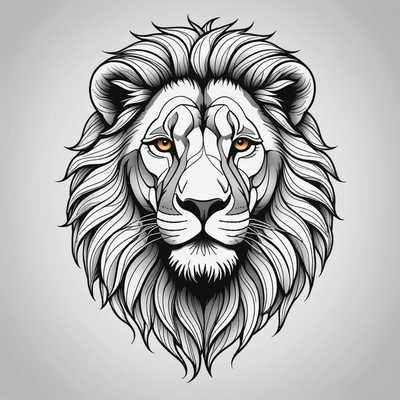 Eine minimalistische Zeichnung eines Löwengesichts, erstellt mit sauberen, durchgehenden Linien. Die Mähne des Löwen wird mit einfachen, fließenden Kurven dargestellt, und die Gesichtszüge wie Augen und Nase sind elegant umrandet. Das Gesamtdesign ist schlank und modern und betont die Majestät des Löwen, während die Komposition übersichtlich bleibt. Die Kunst ist schwarz-weiß und eignet sich für verschiedene dekorative Zwecke.