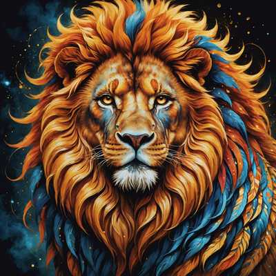 Das Bild zeigt eine mystische Szene mit einem majestätischen, ätherischen Löwen mit einer fließenden, feurigen Mähne. Das Fell des Löwen ist eine Mischung aus leuchtenden Farben, überwiegend Gold und Orange, mit Einflüssen von tiefem Rot und subtilen blauen Akzenten. Seine Augen leuchten mit einem intensiven, anderenweltlichen Licht, das Weisheit und Kraft ausstrahlt. Um den Löwen herum befinden sich magische, wirbelnde Muster aus strahlender Energie und leuchtenden Partikeln, die in der Luft schimmern. Der Hintergrund ist eine abstrakte, traumhafte Landschaft in den Farben Dämmerungslila, Saphirblau und Smaragdgrün, die eine bezaubernde und surreale Atmosphäre schafft. Die gesamte Komposition ist malerisch, mit kräftigen, expressiven Pinselstrichen und einem Gefühl von Bewegung und Mystik.