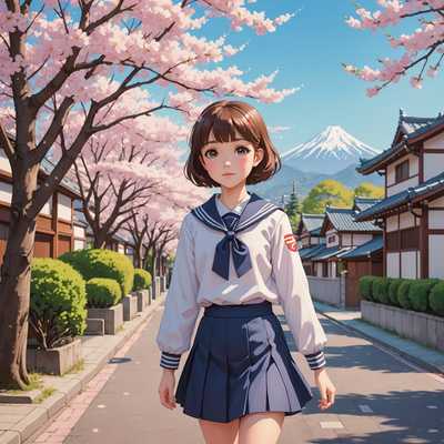 In diesem Retro-Anime-Szene steht ein junges Mädchen mit kurzen braunen Haaren und einem Matrosen-Schuluniform auf einer von Kirschblüten gesäumten Straße. Die Blütenblätter fallen sanft um sie herum. Im Hintergrund sind traditionelle japanische Häuser mit Ziegeldächern zu sehen, und die gesamte Farbpalette besteht aus Pastelltönen, was der Illustration ein weiches und nostalgisches Gefühl verleiht. Der Himmel ist klar mit einem Farbverlauf von hellem Blau zu sanftem Rosa, was entweder den frühen Morgen oder den späten Nachmittag suggeriert. Das Mädchen schaut mit einem friedlichen Ausdruck in die Ferne.
