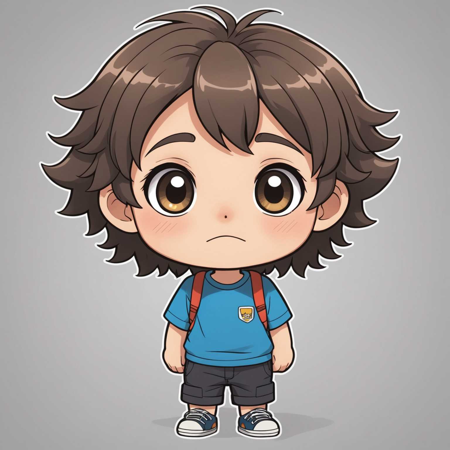 Ein Anime-Selbstporträt im Chibi-Stil zeigt eine junge Figur mit großen, ausdrucksstarken Augen und einem kleinen, runden Körper. Die Figur hat einen niedlichen, übergroßen Kopf im Vergleich zu ihrem Körper, mit kurzem, flauschigem Haar, das ihr Gesicht umrahmt. Sie trägt ein einfaches, lässiges Outfit, möglicherweise ein T-Shirt und Shorts. Der Ausdruck auf ihrem Gesicht ist fröhlich und freundlich. Der Hintergrund ist schlicht, sodass der volle Fokus auf der Figur liegt. Der gesamte Kunststil ist bunt und cartoonartig, mit klaren Linien und lebendigen Farben.