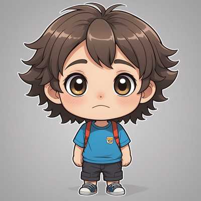 Ein Anime-Selbstporträt im Chibi-Stil zeigt eine junge Figur mit großen, ausdrucksstarken Augen und einem kleinen, runden Körper. Die Figur hat einen niedlichen, übergroßen Kopf im Vergleich zu ihrem Körper, mit kurzem, flauschigem Haar, das ihr Gesicht umrahmt. Sie trägt ein einfaches, lässiges Outfit, möglicherweise ein T-Shirt und Shorts. Der Ausdruck auf ihrem Gesicht ist fröhlich und freundlich. Der Hintergrund ist schlicht, sodass der volle Fokus auf der Figur liegt. Der gesamte Kunststil ist bunt und cartoonartig, mit klaren Linien und lebendigen Farben.