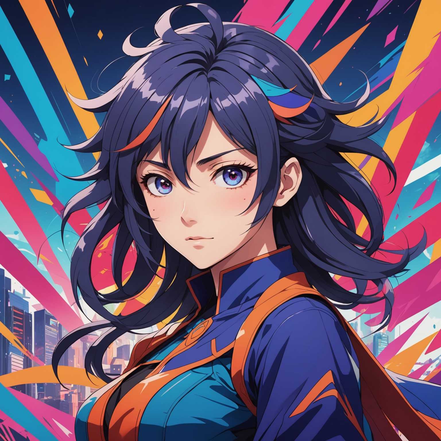 Das Bild zeigt eine Anime-Figur im lebendigen Stil mit ausdrucksstarken Augen, dynamischem Haar und einer lebhaften Pose. Der Hintergrund ergänzt die Figur durch thematische Elemente wie abstrakte Formen oder eine Szenerie, die die Atmosphäre der Anime-Welt verstärkt.