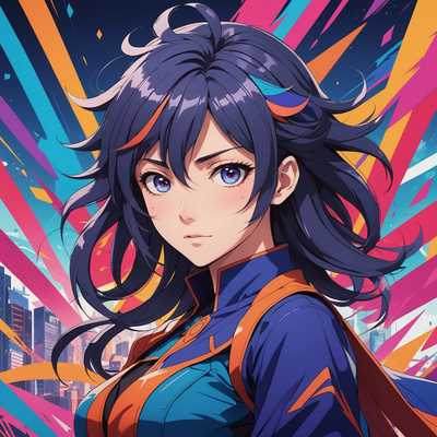 Das Bild zeigt eine Anime-Figur im lebendigen Stil mit ausdrucksstarken Augen, dynamischem Haar und einer lebhaften Pose. Der Hintergrund ergänzt die Figur durch thematische Elemente wie abstrakte Formen oder eine Szenerie, die die Atmosphäre der Anime-Welt verstärkt.