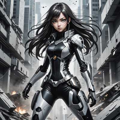 Die Darstellung zeigt eine dramatische Szene im Stil einer schwarz-weißen Grafiknovelle. Im Mittelpunkt steht ein junges, entschlossen aussehendes Anime-Mädchen mit großen, ausdrucksstarken Augen und fließendem Haar. Sie trägt ein detailliertes, futuristisches Outfit mit verschiedenen metallischen und stofflichen Texturen. Ihre Pose deutet darauf hin, dass sie sich mitten in einer Actionszene befindet. Um sie herum ist der Hintergrund akribisch detailliert mit scharfen Kontrasten und dynamischen Schattierungen, die eine chaotische städtische Umgebung mit hohen Gebäuden, Trümmern und futuristischer Technologie darstellen. Die gesamte Komposition ist intensiv und voller Bewegung und fängt die energiegeladene Atmosphäre eines Höhepunktes in einer Handlung ein.