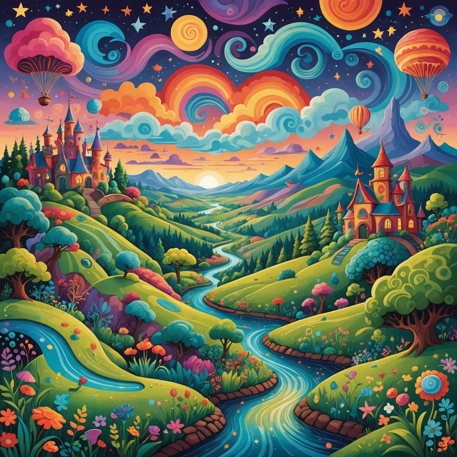 Eine lebendige, skurrile Cartoon-Landschaft voller fantastischer Elemente und komplizierter Muster. Die Szene zeigt einen farbenfrohen Himmel mit wirbelnden Wolken und funkelnden Sternen, fantastische Kreaturen mit übertriebenen Merkmalen und üppige, fantasievolle Vegetation. Die gesamte Umgebung ist in lebendige, verspielte Farbtöne getaucht, mit sanften Hügeln und skurrilen Strukturen, die wie aus einem Traum wirken. Der Boden ist mit aufwendigen, sich wiederholenden Mustern dekoriert, die ein Gefühl von Bewegung und Tiefe schaffen. Jedes Element der Szene ist cartoonhaft und stark stilisiert, was ein Gefühl von Wunder und Verzauberung hervorruft.