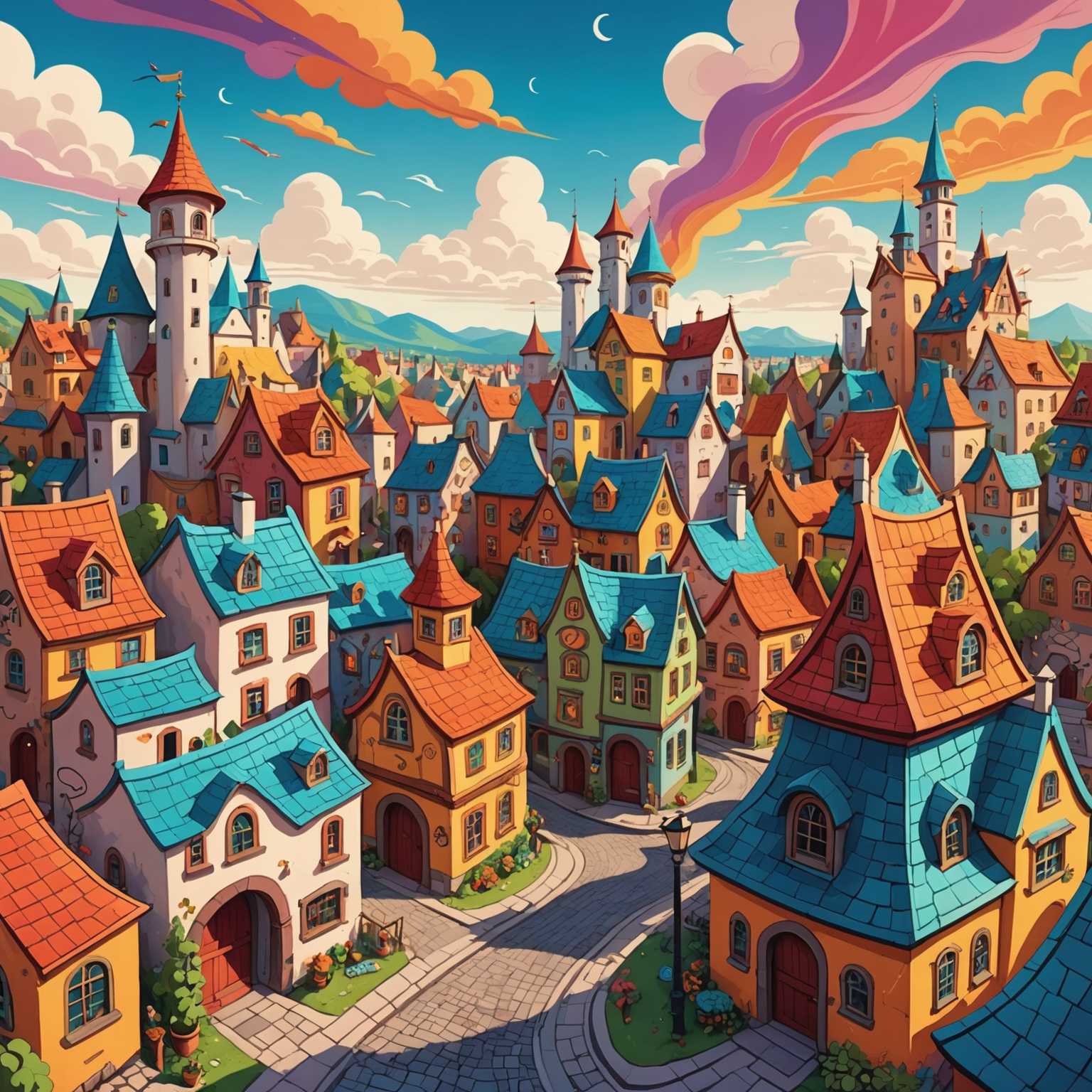 Eine skurrile, lebendige Illustration einer Fantasiestadt im Cartoon-Stil, entworfen als Kinderbuchcover. Die Szene ist lebhaft und farbenfroh, mit einer Vielzahl von skurrilen, phantasievollen Gebäuden mit übertriebenen Merkmalen und verspielten Designs. Die Strukturen haben geschwungene Linien, verspielte Dächer und lebendige Farben, die eine freudige, magische Atmosphäre schaffen. Der Himmel im Hintergrund ist hell und fröhlich und ergänzt die insgesamt bezaubernde Stimmung der Illustration. Das gesamte Bild sprüht vor Kreativität und ist für Kinder fesselnd und erfreulich.