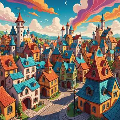 Eine skurrile, lebendige Illustration einer Fantasiestadt im Cartoon-Stil, entworfen als Kinderbuchcover. Die Szene ist lebhaft und farbenfroh, mit einer Vielzahl von skurrilen, phantasievollen Gebäuden mit übertriebenen Merkmalen und verspielten Designs. Die Strukturen haben geschwungene Linien, verspielte Dächer und lebendige Farben, die eine freudige, magische Atmosphäre schaffen. Der Himmel im Hintergrund ist hell und fröhlich und ergänzt die insgesamt bezaubernde Stimmung der Illustration. Das gesamte Bild sprüht vor Kreativität und ist für Kinder fesselnd und erfreulich.