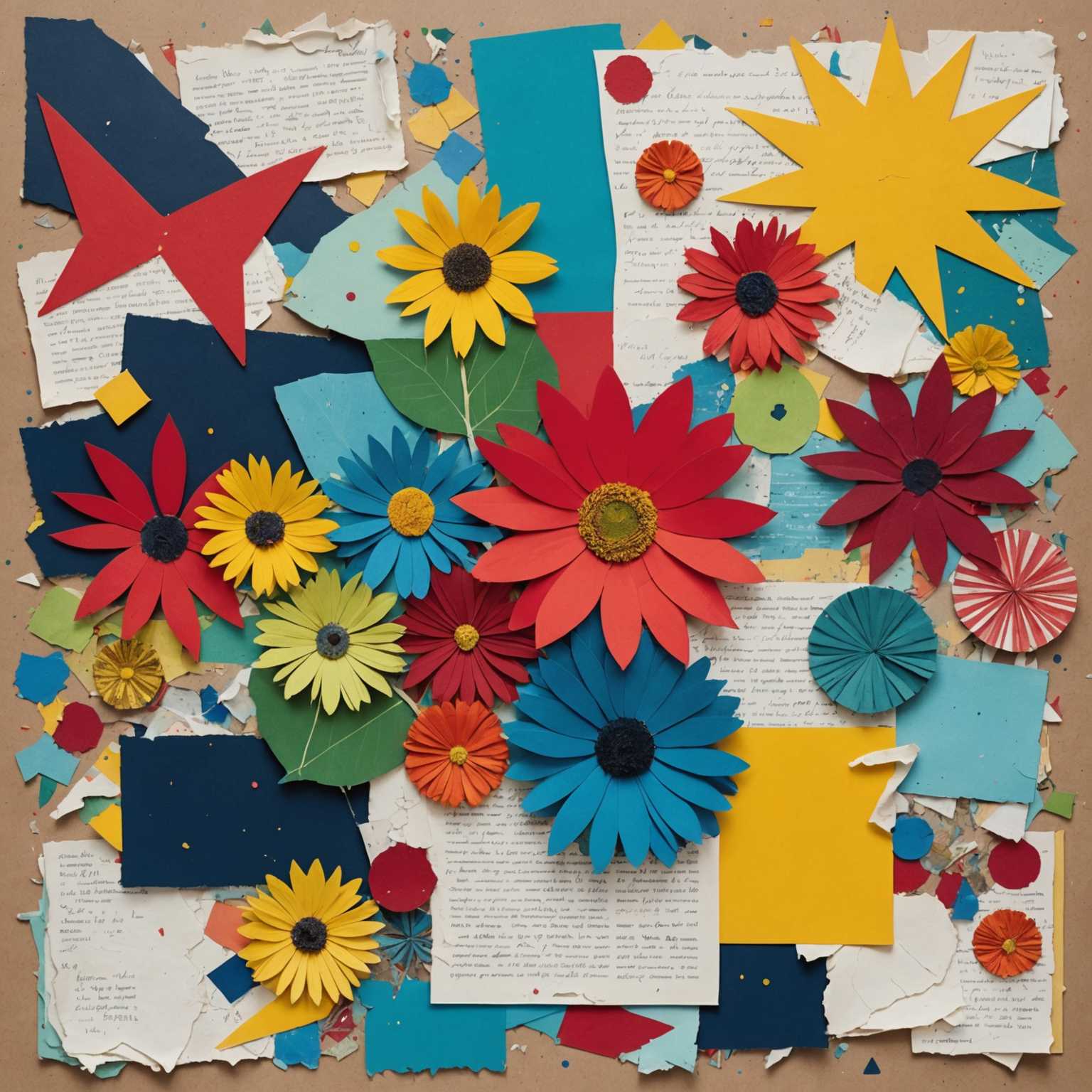 Eine lebendige Collage, die ein eklektisches Mix aus farbenfrohen Elementen zeigt. Verschiedene Texturen und Muster verbinden sich zu einer optisch anregenden Komposition. Es gibt Schichten von zerrissenem Papier, Stoffresten und gekritzelten Notizen, die mit Bildern und Textfragmenten verwoben sind. Helle Farbspritzer wie Blau, Rot, Gelb und Grün dominieren die Szene, vermischt mit weicheren Pastellfarben. Die Collage enthält abstrakte Formen, die vielleicht an Blumen oder Sterne erinnern, und gelegentlich erkennbare Objekte wie Vintage-Fotografien, Postkarten und Briefmarken. Im Hintergrund ist ein schwaches Gittermuster oder eine Linienschreibpapier-Textur zu erkennen. Das gesamte Werk strahlt eine spielerische Kreativität und künstlerische Experimentierfreude aus.
