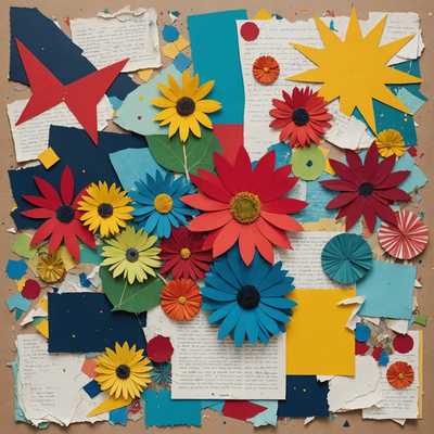 Eine lebendige Collage, die ein eklektisches Mix aus farbenfrohen Elementen zeigt. Verschiedene Texturen und Muster verbinden sich zu einer optisch anregenden Komposition. Es gibt Schichten von zerrissenem Papier, Stoffresten und gekritzelten Notizen, die mit Bildern und Textfragmenten verwoben sind. Helle Farbspritzer wie Blau, Rot, Gelb und Grün dominieren die Szene, vermischt mit weicheren Pastellfarben. Die Collage enthält abstrakte Formen, die vielleicht an Blumen oder Sterne erinnern, und gelegentlich erkennbare Objekte wie Vintage-Fotografien, Postkarten und Briefmarken. Im Hintergrund ist ein schwaches Gittermuster oder eine Linienschreibpapier-Textur zu erkennen. Das gesamte Werk strahlt eine spielerische Kreativität und künstlerische Experimentierfreude aus.