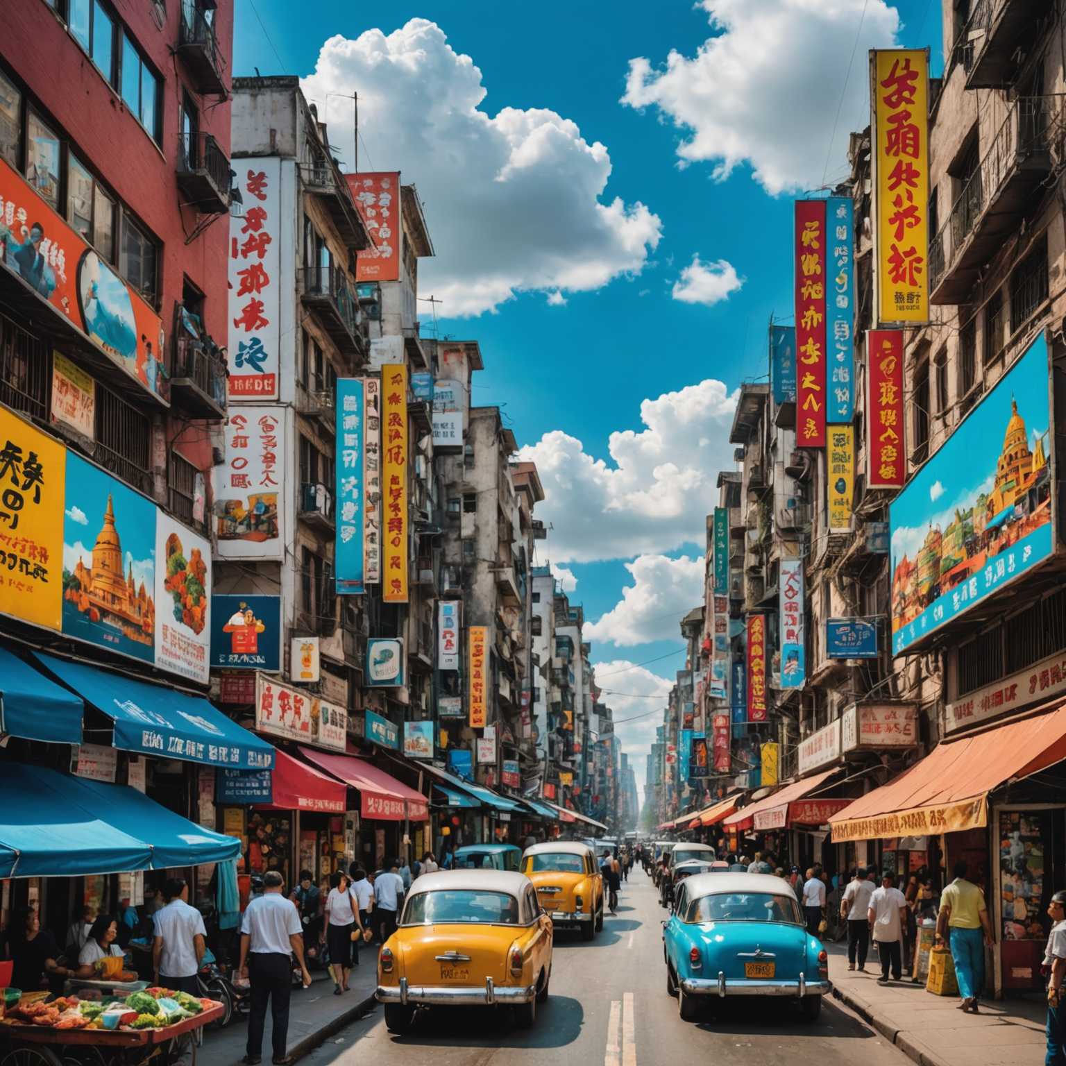 Das Bild zeigt eine lebendige Stadtlandschaft mit einer Vielzahl von Gebäuden, die eng beieinander stehen. Jedes Gebäude hat einen unverwechselbaren Architekturstil und ist mit bunten Postern geschmückt. Die Poster zeigen eine Mischung aus Werbeanzeigen, künstlerischen Designs und textlichen Slogans, die zur lebhaften Atmosphäre der Szene beitragen. Die Gebäude variieren in Größe und Form, einige haben große Fenster, andere zeigen aufwendige Details. Die Straße darunter ist voller Aktivitäten, mit Menschen, die spazieren gehen, Straßenhändlern und einigen Fahrzeugen, die alle zur dynamischen städtischen Umgebung beitragen. Der Himmel darüber ist klar, mit einigen verstreuten, flauschigen Wolken, die eine helle und fröhliche Kulisse für die lebendige Stadtszene bieten.