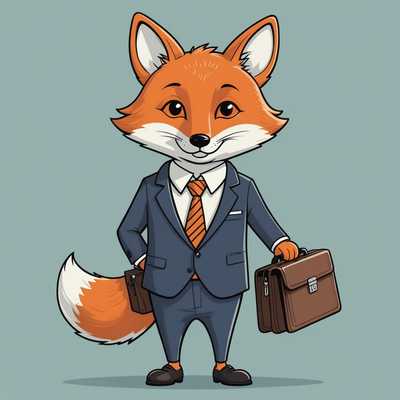 Das Bild zeigt eine niedliche, cartoonartige Kritzelei eines Fuchses, der einen Geschäftsanzug trägt und einen Aktenkoffer bei sich hat. Der Fuchs hat große, ausdrucksvolle Augen und übertriebene Merkmale, die seine Niedlichkeit betonen. Die weichen, abgerundeten Linien und die hellen, fröhlichen Farben tragen zur verspielten und charmanten Darstellung bei.