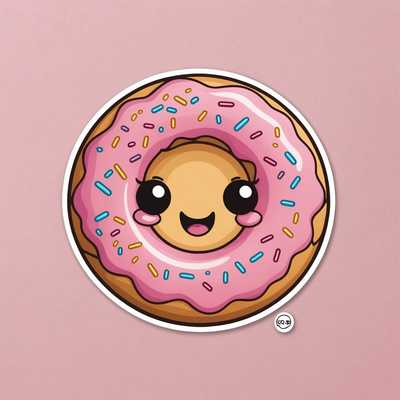 Dieses Bild zeigt einen entzückenden Kawaii-Sticker mit einem fröhlichen Donut. Der Donut hat ein fröhliches Gesicht mit großen, ausdrucksstarken Augen und ist in einem weichen und freundlichen Stil gestaltet. Er ist mit einer klaren, dicken Linie umrandet und enthält zusätzliche süße Elemente wie Glitzer, Schleifen und Errötungen, die seine liebevolle und verspielte Natur hervorheben.