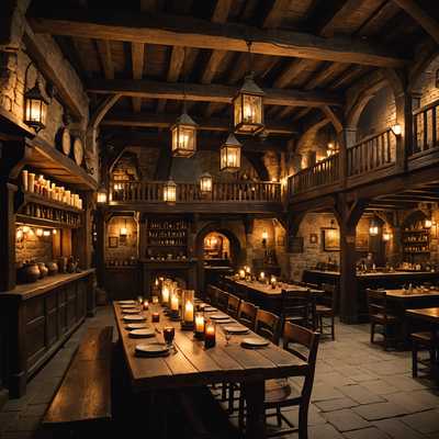 Das Bild zeigt eine mittelalterliche Fantasy-Taverne mit detaillierter Holzarchitektur, die schummrig von Kerzen und Laternen beleuchtet wird. Lange Holztische und Bänke sind im Raum verstreut, einige mit halb leeren Krügen und Tellern von früheren Gästen. Ein großer Kamin mit loderndem Feuer dominiert eine Wand und wirft ein warmes Licht. Regale mit verschiedenen Tränken und Artefakten schmücken eine andere Wand. Eine Wendeltreppe in der Ecke führt in ein Obergeschoss, und eine große Karte ist an ein schwarzes Brett in der Nähe des Eingangs geheftet. Die Atmosphäre ist insgesamt gemütlich und einladend, perfekt für Abenteurer, die ihre nächste Quest planen.
