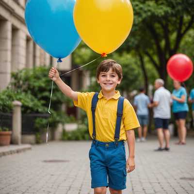 Ein fröhlicher Junge mit braunen Haaren, der ein gelbes Hemd und blaue Shorts trägt, hält einen roten Ballon in seiner rechten Hand.