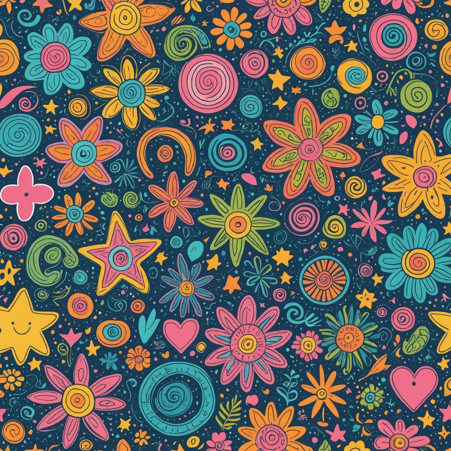 Das Bild zeigt eine lebendige und verspielte Sammlung bunter Pastellkritzeleien. Die Kunstwerke sind ein Kaleidoskop aus wirbelnden, abstrakten Formen und Mustern, die eine Reihe von verspielten Elementen wie Sterne, Herzen, Schnörkel und Blumen aufweisen. Die Kritzeleien sind kunstvoll miteinander verflochten, wobei einige Elemente erkennbare Formen wie Tiere oder Gesichter bilden, während andere rein abstrakt bleiben. Das Gesamtbild ist psychedelisch, mit einer harmonischen Mischung aus weichen, pastel Farben wie Rosa, Blau, Gelb und Grün, die die Szene dominieren. Der Stil ist fließend und ungezwungen, was den Eindruck einer traumhaften, fantastischen Welt vermittelt, die mit expressiver, überschwänglicher Energie zum Leben erweckt wird.