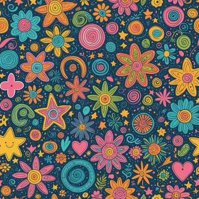 Das Bild zeigt eine lebendige und verspielte Sammlung bunter Pastellkritzeleien. Die Kunstwerke sind ein Kaleidoskop aus wirbelnden, abstrakten Formen und Mustern, die eine Reihe von verspielten Elementen wie Sterne, Herzen, Schnörkel und Blumen aufweisen. Die Kritzeleien sind kunstvoll miteinander verflochten, wobei einige Elemente erkennbare Formen wie Tiere oder Gesichter bilden, während andere rein abstrakt bleiben. Das Gesamtbild ist psychedelisch, mit einer harmonischen Mischung aus weichen, pastel Farben wie Rosa, Blau, Gelb und Grün, die die Szene dominieren. Der Stil ist fließend und ungezwungen, was den Eindruck einer traumhaften, fantastischen Welt vermittelt, die mit expressiver, überschwänglicher Energie zum Leben erweckt wird.