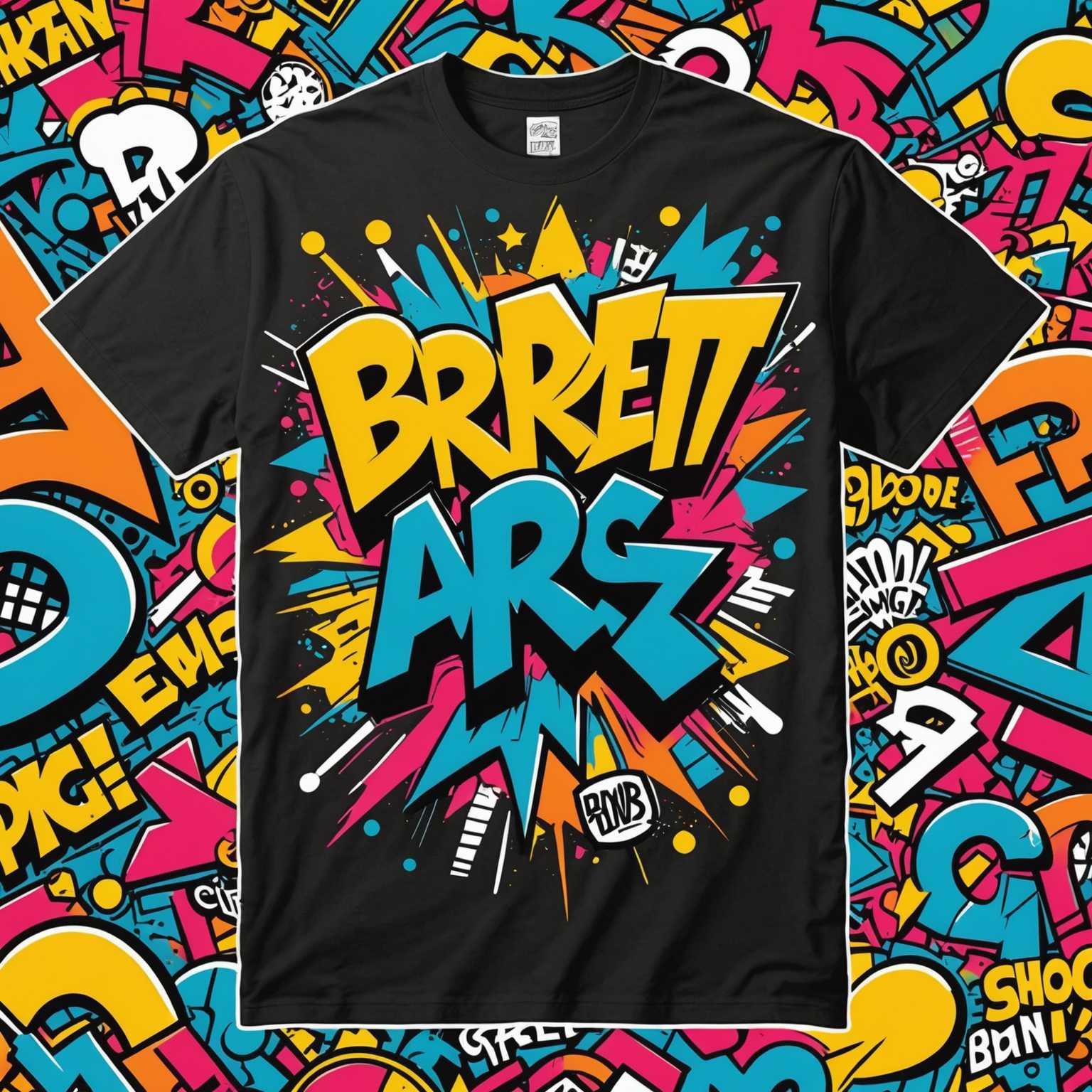 Das Bild zeigt ein lebendiges und farbenfrohes Cartoon-Graffiti-Design auf einem T-Shirt. Die Typografie ist fett, energiegeladen und retro-inspiriert, mit detaillierten Tintenzeichnungen und einer Mischung aus scharfen und abgerundeten Kanten. Die Farben sind hell und vielfältig, was einen dynamischen und auffälligen Effekt erzeugt. Das Gesamtthema ist künstlerisch und urban und kombiniert Elemente der Straßenkunst und der Comic-Ästhetik.