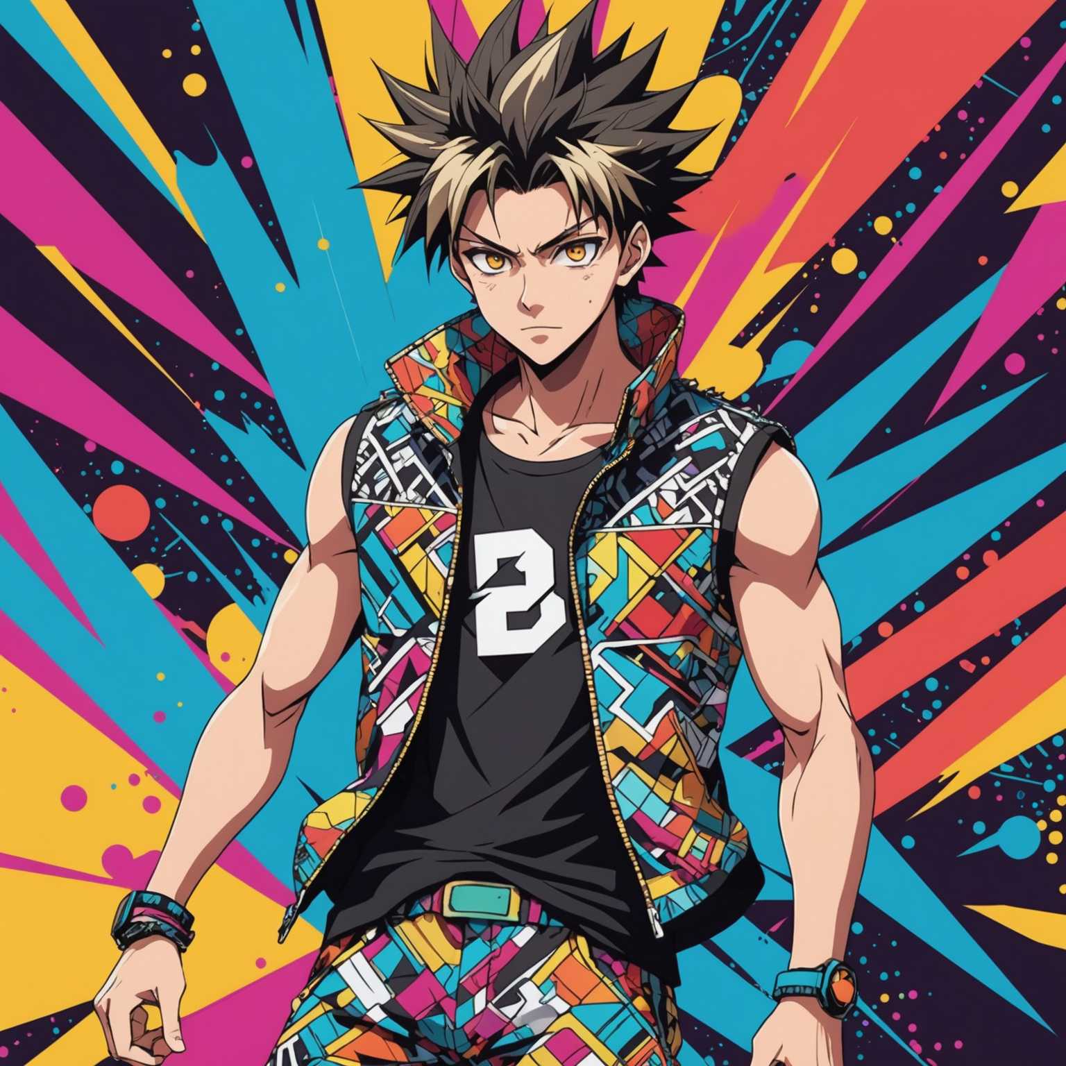 Eine dynamische und lebendige Anime-Illustration, die einen jungen, energetischen Charakter mit stachligem Haar und ausdrucksstarken Augen zeigt. Der Charakter trägt ein trendiges, modernes Outfit mit aufwendigen Designs, darunter ein ärmelloses Shirt mit kühnen Kunstwerken, Hosen mit stylischen Mustern und Sneakers. Der Hintergrund zeigt eine Mischung aus lebendigen Farben und abstrakten Formen, die das energetische und lebhafte Gefühl des Bildes verstärken. Die Gesamtkomposition umfasst eine Mischung aus traditionellen japanischen Manga-Elementen und zeitgenössischen, von Streetwear inspirierten Ästhetiken.